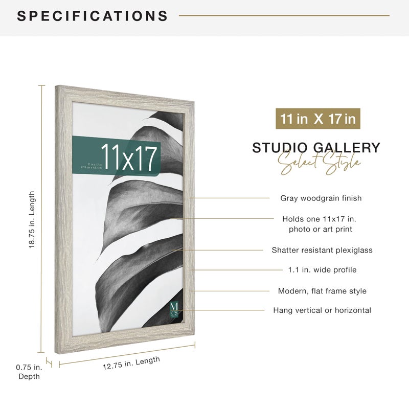 MCS Studio Gallery 11x17 Picture Frame Gray Woodgrain Engineered Wood, Rectangle Photo Frame for Photos, Posters & Art Prints (1-Pack) - Image 4