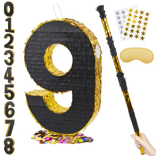 PCFING 20 Inch Number 9 Piata Gold Black with 30 Inch Piata Stick Blindfold Confetti for Man Women Boys Girls Birthday Party Decorations Anniversary Celebration Fiesta - Image 1