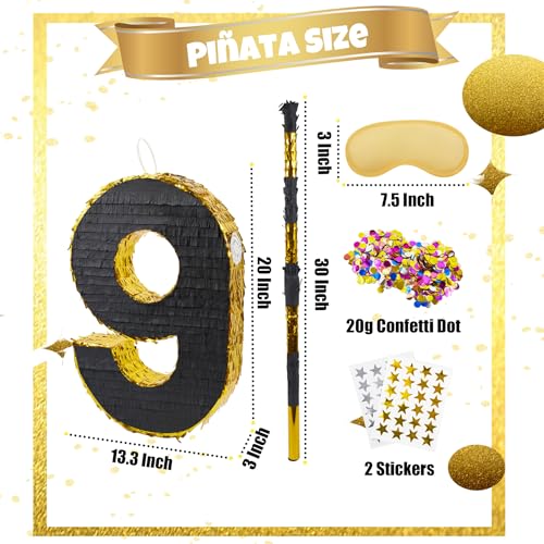 PCFING 20 Inch Number 9 Piata Gold Black with 30 Inch Piata Stick Blindfold Confetti for Man Women Boys Girls Birthday Party Decorations Anniversary Celebration Fiesta - Image 5