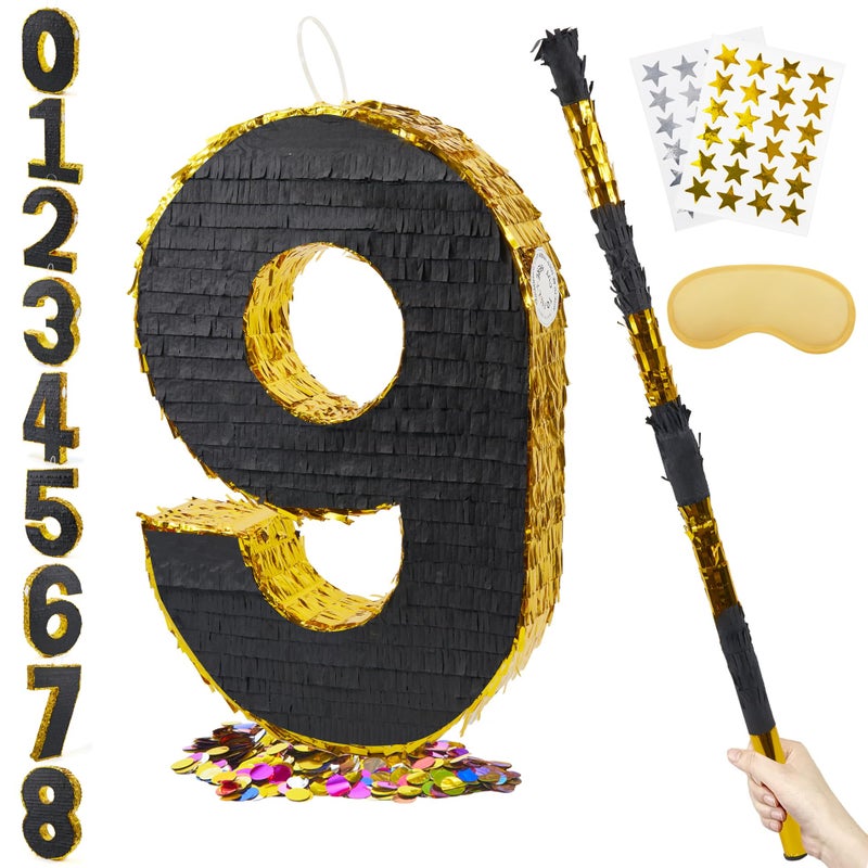 PCFING 20 Inch Number 9 Piata Gold Black with 30 Inch Piata Stick Blindfold Confetti for Man Women Boys Girls Birthday Party Decorations Anniversary Celebration Fiesta - Image 3