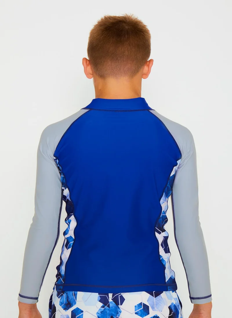 كويجا صن وير COEGA Boys Youth Rashguard Long Sleeve - Navy Watercolour Hexagons