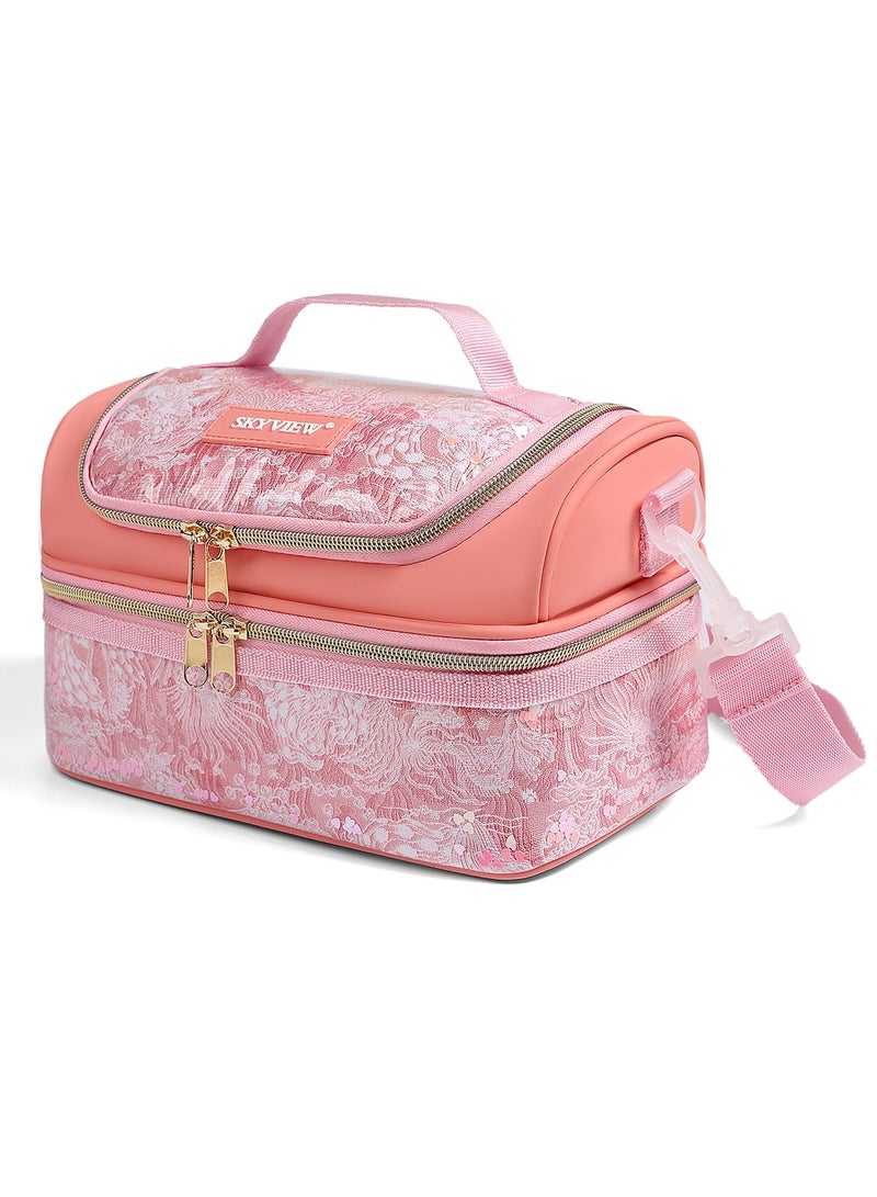 Sky View SKY VIEW Kids Lunch Bag-Double-Decker Cooler Insulated Lunch Box for Boys Girls,Washable Lunch Bag with Strap and Reusable Toddler Lunchbox for School and Picnic-25.4 * 15 * 14CM(Pink)  - Image 1