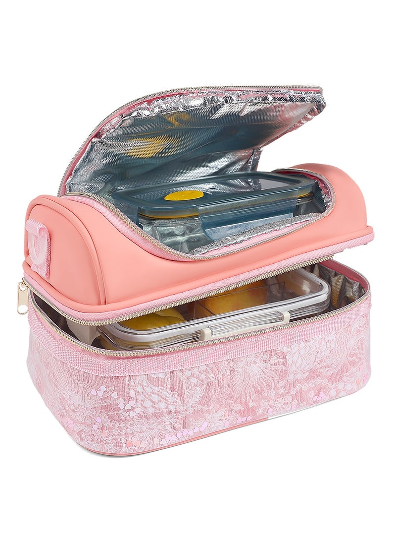 Sky View SKY VIEW Kids Lunch Bag-Double-Decker Cooler Insulated Lunch Box for Boys Girls,Washable Lunch Bag with Strap and Reusable Toddler Lunchbox for School and Picnic-25.4 * 15 * 14CM(Pink)  - Image 4