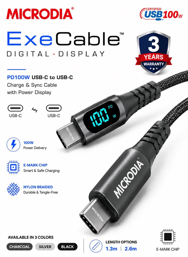 ميكروديا [[MICRODIA]] كابل شحن سريع سريع بقوة 100 واط USB-C إلى USB-C مع شاشة LCD رقمية، سلك شحن مجدول كيفلار فائق المتانة (PD) لأجهزة الكمبيوتر المحمولة والأجهزة اللوحية (1.3 م/2.6 م) - أسود - Image 1