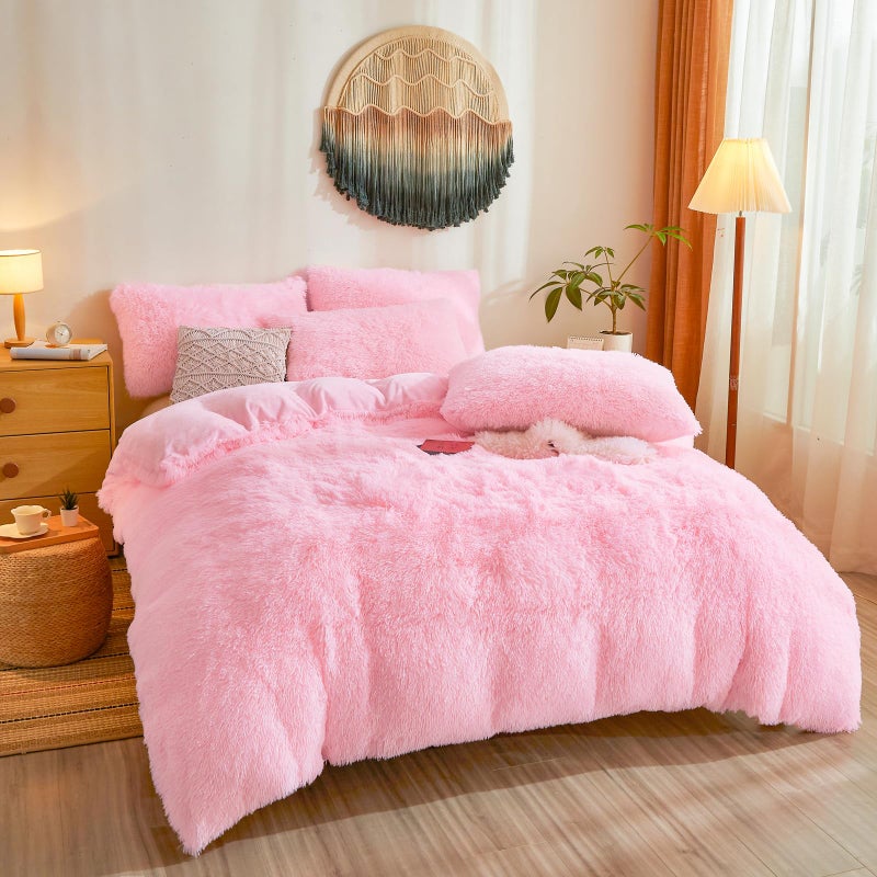 Besfunny Fluffy Pink Comforter Cover Queen Set â€“ Plush Faux Fur Pink Bedding 3-Piece Set (1 Faux Fur Duvet Cover + 2 Furry Pillow Shams) Cozy Fluffy Bed Set - Image 2