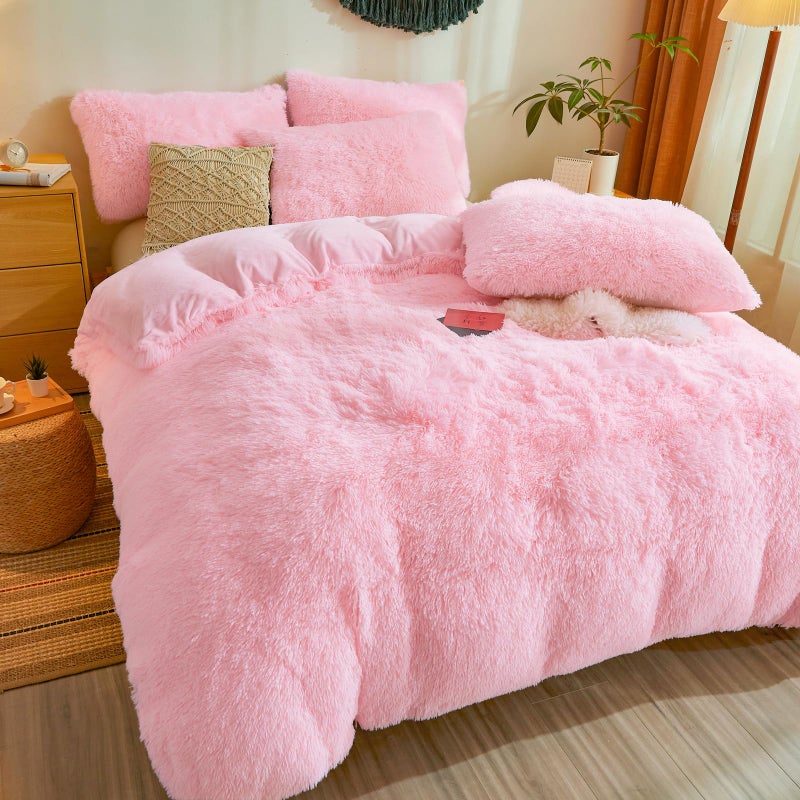 Besfunny Fluffy Pink Comforter Cover Queen Set â€“ Plush Faux Fur Pink Bedding 3-Piece Set (1 Faux Fur Duvet Cover + 2 Furry Pillow Shams) Cozy Fluffy Bed Set - Image 3