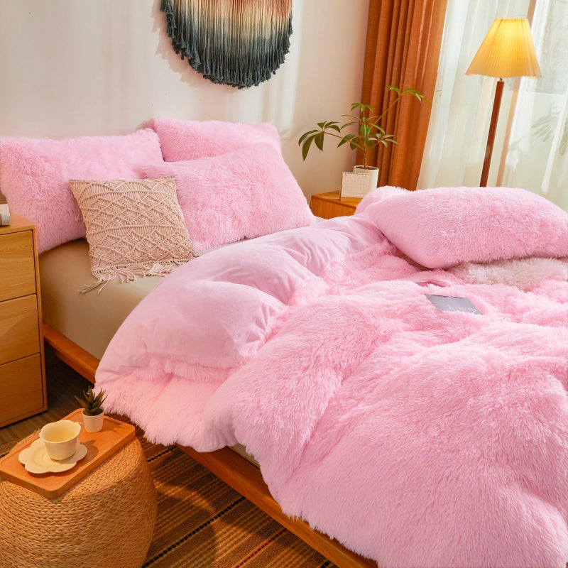 Besfunny Fluffy Pink Comforter Cover Queen Set â€“ Plush Faux Fur Pink Bedding 3-Piece Set (1 Faux Fur Duvet Cover + 2 Furry Pillow Shams) Cozy Fluffy Bed Set - Image 5
