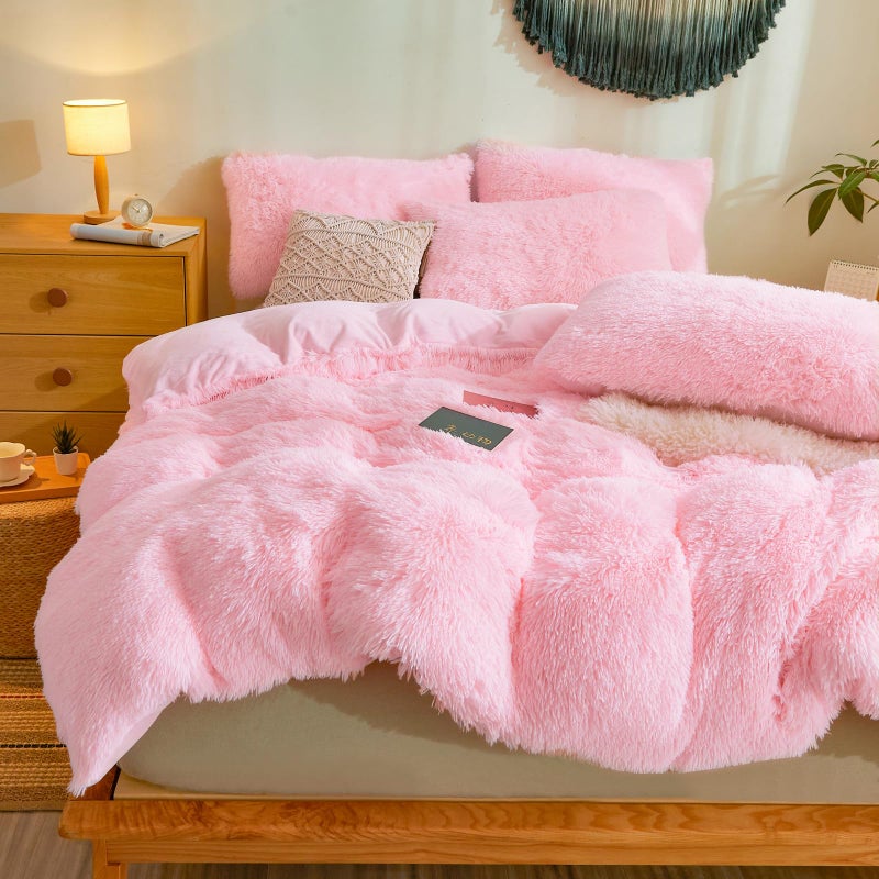 Besfunny Fluffy Pink Comforter Cover Queen Set â€“ Plush Faux Fur Pink Bedding 3-Piece Set (1 Faux Fur Duvet Cover + 2 Furry Pillow Shams) Cozy Fluffy Bed Set - Image 4