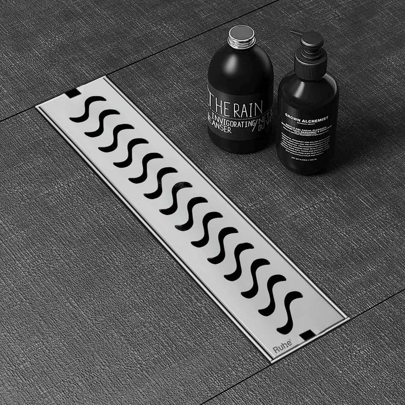 Ruhe® 12 × 4 Inches Wave Shower Drain Channel | 304 Stainless Steel Shower Water Drain Channel| Floor Drain with Cockroach Trap, Side Hole, and Collar - Image 1