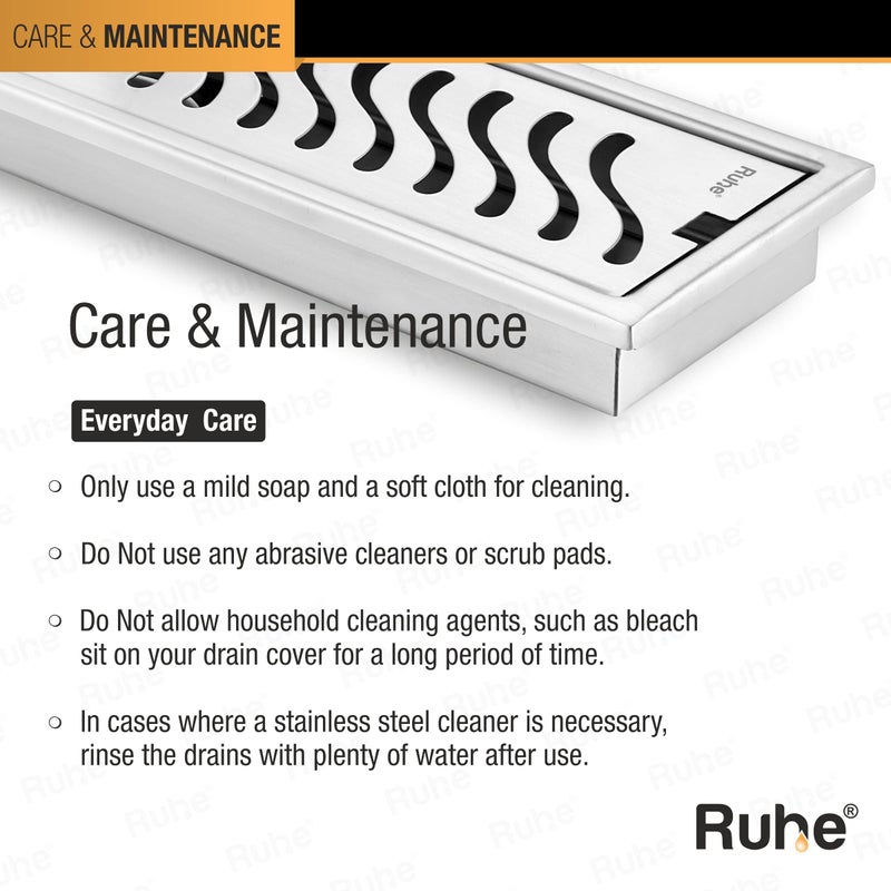 Ruhe® 12 × 4 Inches Wave Shower Drain Channel | 304 Stainless Steel Shower Water Drain Channel| Floor Drain with Cockroach Trap, Side Hole, and Collar - Image 5