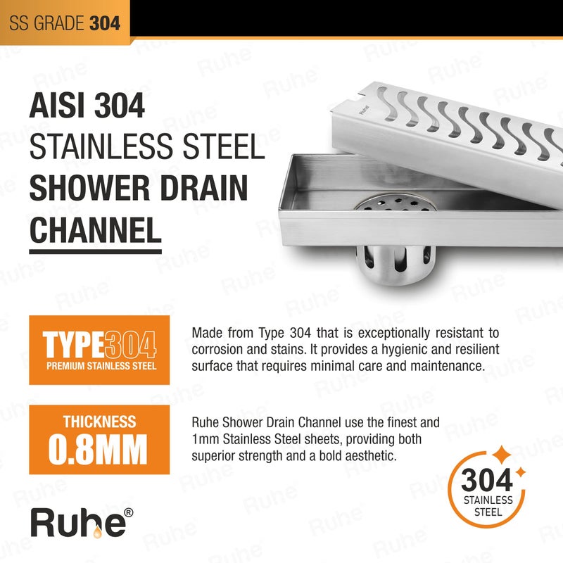 Ruhe® 12 × 4 Inches Wave Shower Drain Channel | 304 Stainless Steel Shower Water Drain Channel| Floor Drain with Cockroach Trap, Side Hole, and Collar - Image 4