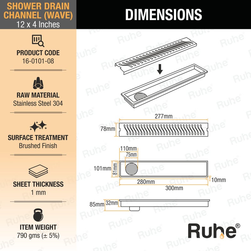 Ruhe® 12 × 4 Inches Wave Shower Drain Channel | 304 Stainless Steel Shower Water Drain Channel| Floor Drain with Cockroach Trap, Side Hole, and Collar - Image 2