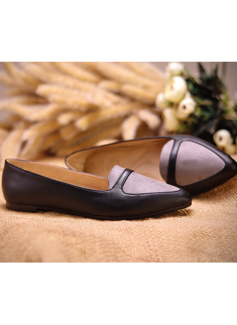 Tat Ballerina Flat Leather with Printed Fabric Part - Black 