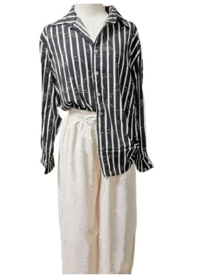 Stylish Stripe and Letter Print Long Sleeve Shirt - Classic Casual Button Front Turn Down Collar Design with Linen Pants Fit to Large-XL T-164