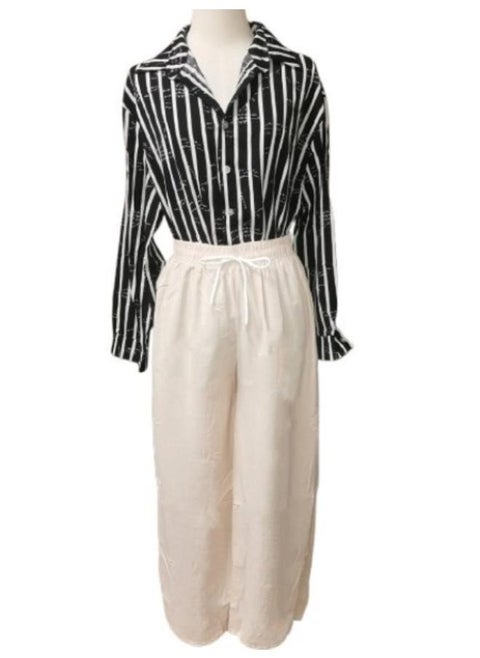 Stylish Stripe and Letter Print Long Sleeve Shirt - Classic Casual Button Front Turn Down Collar Design with Linen Pants Fit to Large-XL T-164