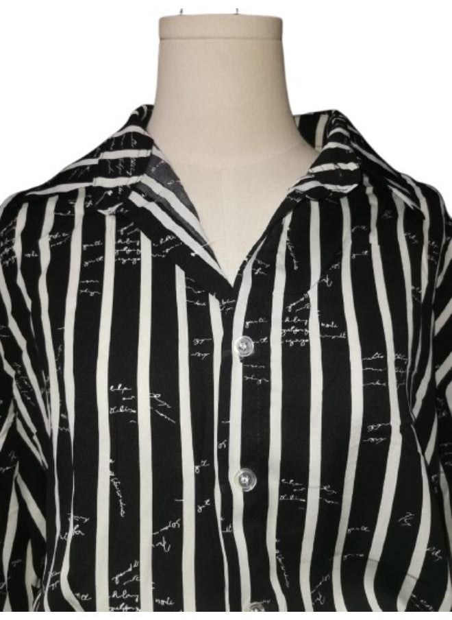 Stylish Stripe and Letter Print Long Sleeve Shirt - Classic Casual Button Front Turn Down Collar Design with Linen Pants Fit to Large-XL T-164