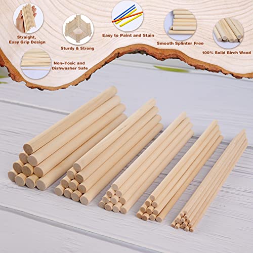 Moukiween Wooden Dowel Rods, 100PCS 1/8, 3/16, 1/4, 5/16, 3/8 x 6 Inch Assorted Sizes Round Wooden Sticks for Arts Crafts, Home Decor, Cake Support, Unfinished Natural Hardwood Sticks - Image 3