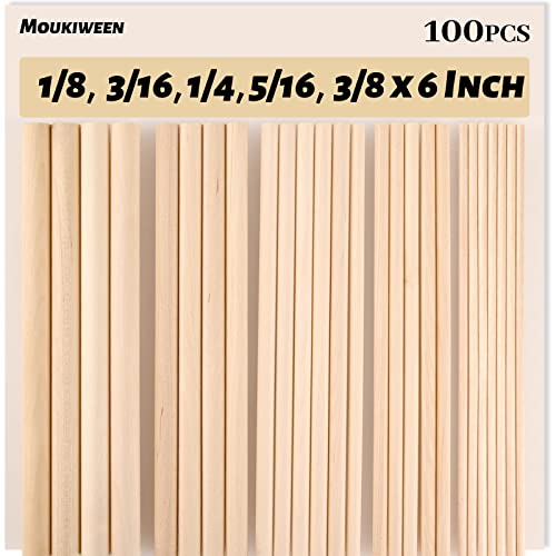 Moukiween Wooden Dowel Rods, 100PCS 1/8, 3/16, 1/4, 5/16, 3/8 x 6 Inch Assorted Sizes Round Wooden Sticks for Arts Crafts, Home Decor, Cake Support, Unfinished Natural Hardwood Sticks - Image 1