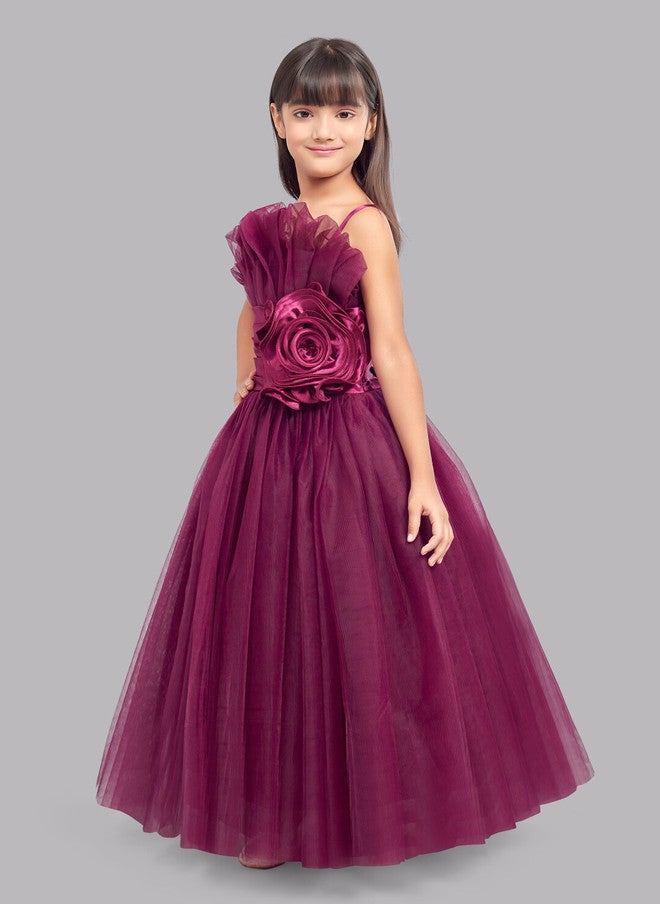PinkChick Burgundy Ruffled Tulle Maxi Gown for Girls - Image 4