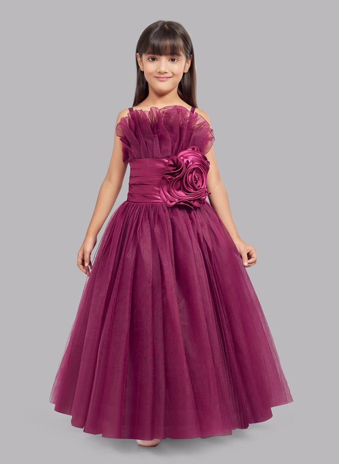 PinkChick Burgundy Ruffled Tulle Maxi Gown for Girls - Image 1