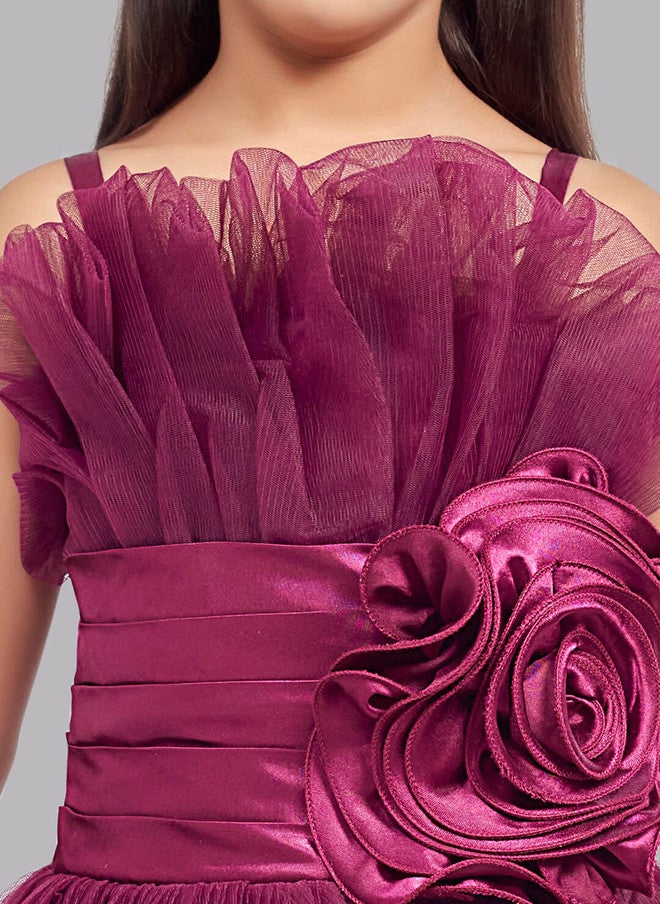 PinkChick Burgundy Ruffled Tulle Maxi Gown for Girls - Image 2