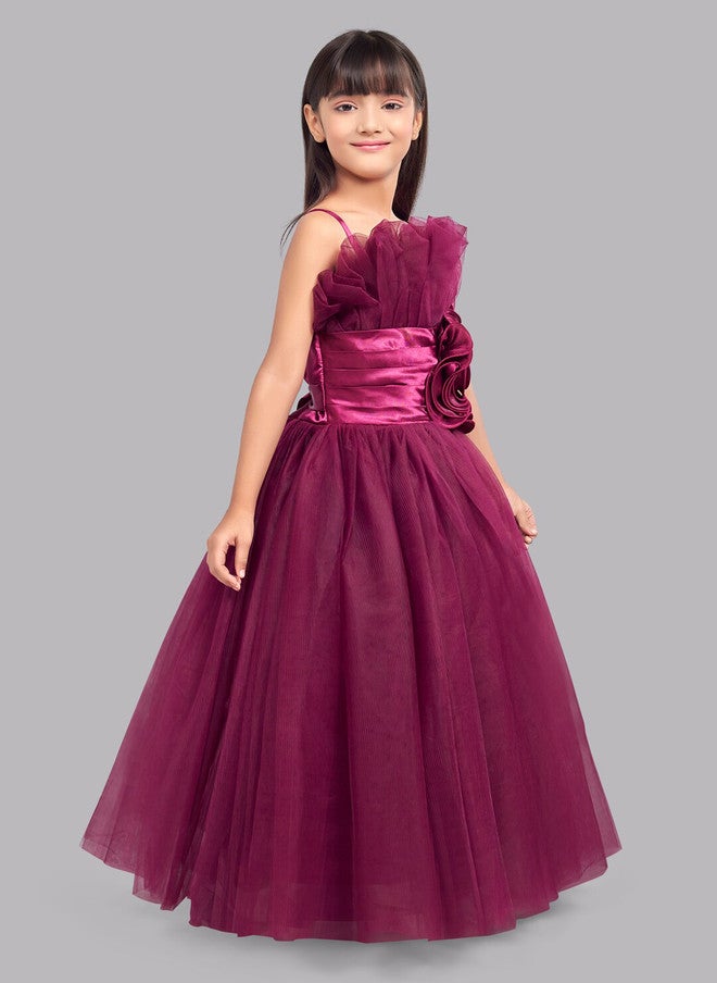 PinkChick Burgundy Ruffled Tulle Maxi Gown for Girls - Image 3