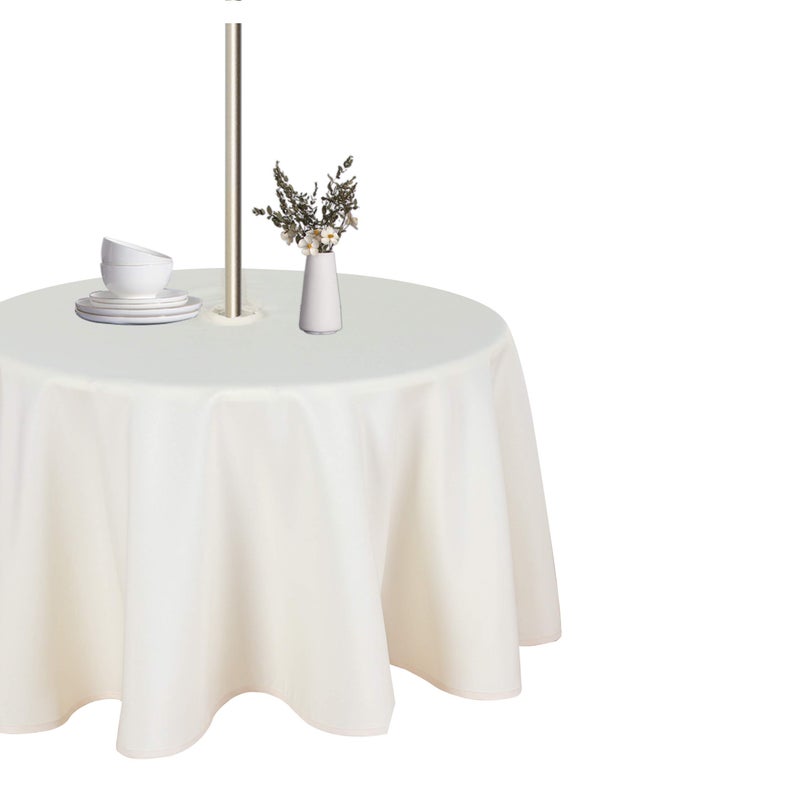 LUSHVIDA Round Outdoor Tablecloth with Umbrella Hole and Zipper 60 Inch Beige Washable Waterproof Table Cloth Spill Proof Wrinkle Free Table Cover for Patio Spring Summer Picnic BBQS