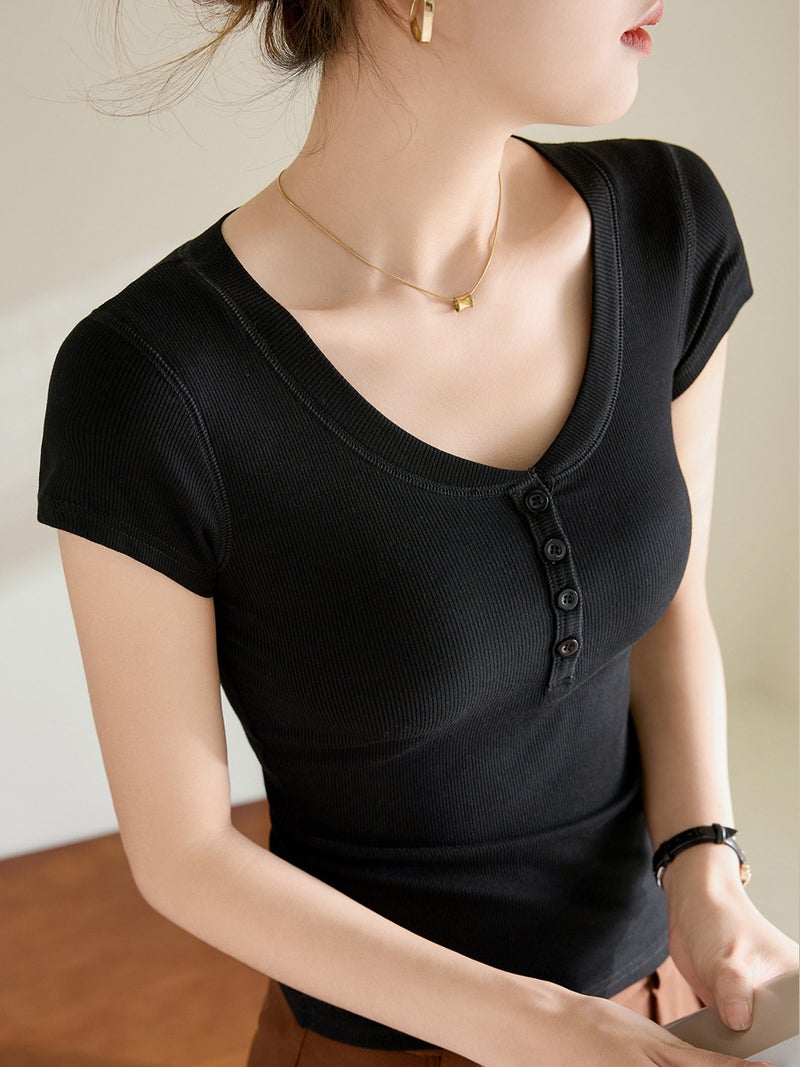 [Easy To Use] High Elastic Threaded Cotton V Neck Button Short-Sleeved T-Shirt For Women Summer Slim Fit Bottoming Shirt - Image 5
