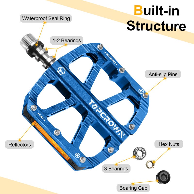 Topcrown Mountain Bike Pedals with Reflectors, Aluminum Metal Bicycle Flat Pedals 9/16" - 3 Sealed Bearings, Non-Slip Wide Platform with Removable Pins for MTB, Road Bike, BMX, Ebike (Blue) - Image 2