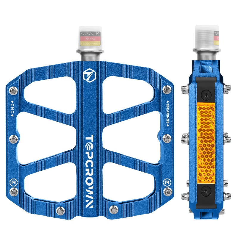 Topcrown Mountain Bike Pedals with Reflectors, Aluminum Metal Bicycle Flat Pedals 9/16" - 3 Sealed Bearings, Non-Slip Wide Platform with Removable Pins for MTB, Road Bike, BMX, Ebike (Blue) - Image 1