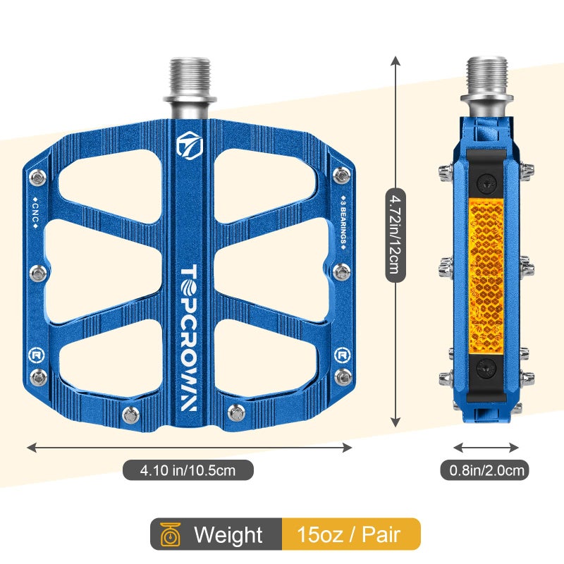 Topcrown Mountain Bike Pedals with Reflectors, Aluminum Metal Bicycle Flat Pedals 9/16" - 3 Sealed Bearings, Non-Slip Wide Platform with Removable Pins for MTB, Road Bike, BMX, Ebike (Blue) - Image 4
