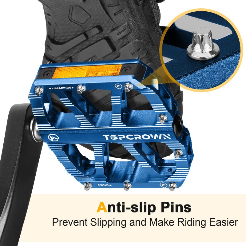 Topcrown Mountain Bike Pedals with Reflectors, Aluminum Metal Bicycle Flat Pedals 9/16" - 3 Sealed Bearings, Non-Slip Wide Platform with Removable Pins for MTB, Road Bike, BMX, Ebike (Blue) - Image 5