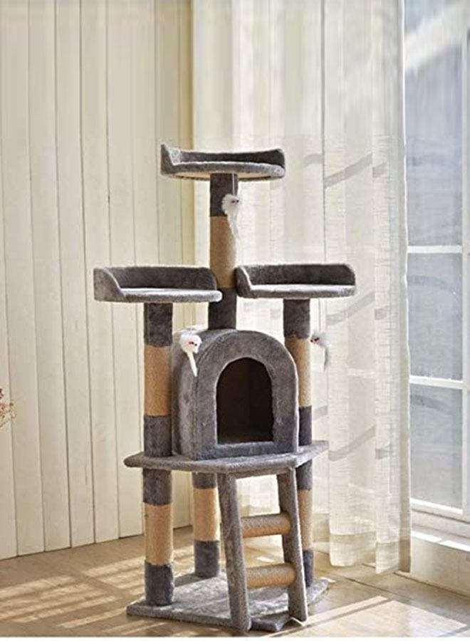 Multi-Level Solid  Tree Tower Climber Toy House  Sisal Scratching Post Hammock Ladder Dangling Ball Toy Kitten Furniture Activity Centre Play House - Image 2