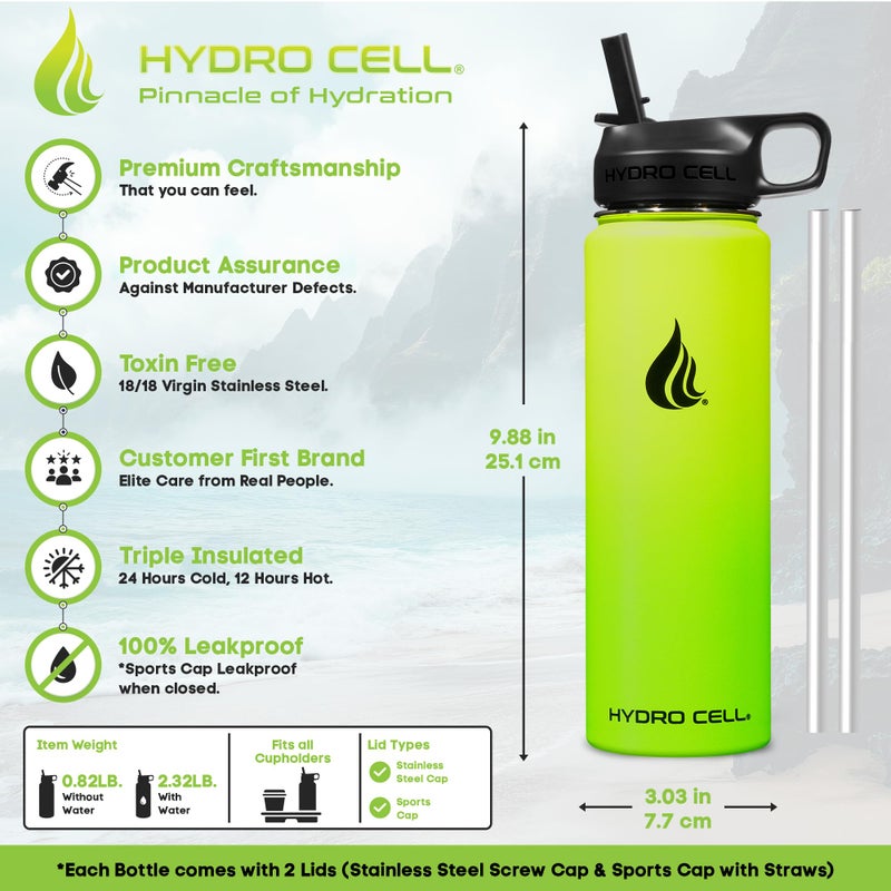 HYDRO CELL Stainless Steel Insulated Water Bottle with Straw - For Cold & Hot Drinks - Metal Vacuum Flask with Screw Cap and Modern Leakproof Sport Thermos for Adults (Neon 24oz) - Image 3