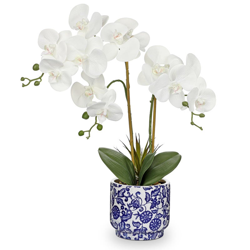Briful Orchid Artificial Flowers 19.6in White Orchid Silk Floral Arrangement with Blue and White Ceramic Pot Fake Orchid Plant for Home Office Dining Room Table Centerpiece Decor - Image 1