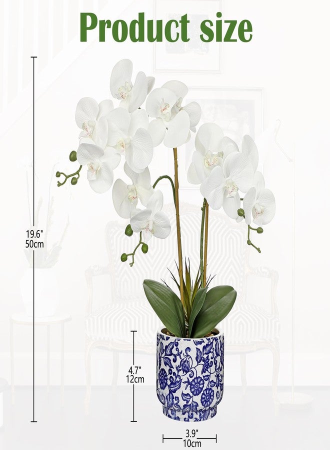Briful Orchid Artificial Flowers 19.6in White Orchid Silk Floral Arrangement with Blue and White Ceramic Pot Fake Orchid Plant for Home Office Dining Room Table Centerpiece Decor - Image 2