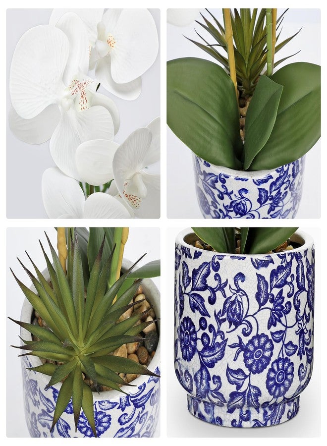 Briful Orchid Artificial Flowers 19.6in White Orchid Silk Floral Arrangement with Blue and White Ceramic Pot Fake Orchid Plant for Home Office Dining Room Table Centerpiece Decor - Image 3
