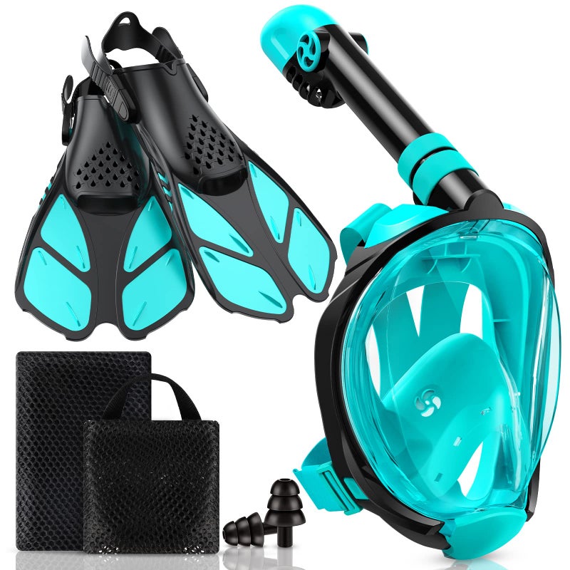 Viginsul Snorkeling Gear for Kids Full Face Snorkel Mask Adjustable Swim Fins Snorkel Set Panoramic View Snorkel Mask with Dry Top System Gear Bag AntiFog AntiLeak Green - Image 2