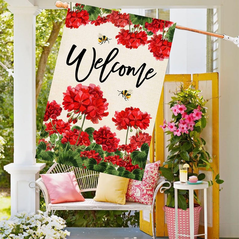 Baccessor Spring Summer Geranium Welcome House Flag Double Sided Summer Bee Red Floral Burlap Yard Flag House Seasonal Farmhouse Outside Outdoor Decoration 28 x 40 Inchï¼ˆlargeï¼‰ - Image 2