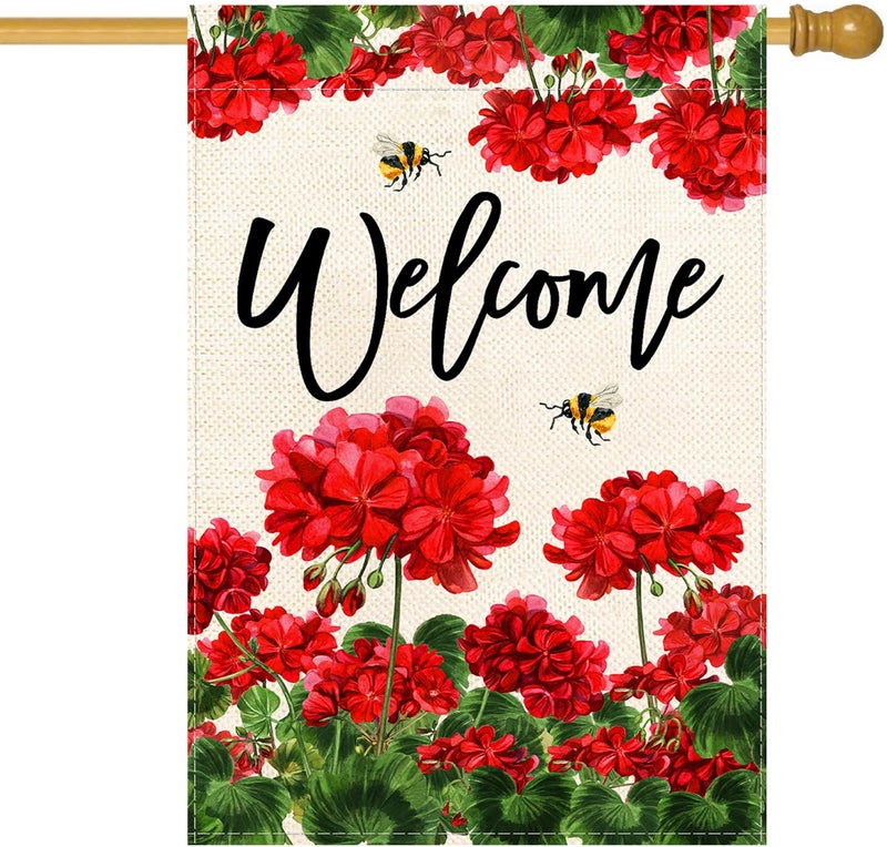 Baccessor Spring Summer Geranium Welcome House Flag Double Sided Summer Bee Red Floral Burlap Yard Flag House Seasonal Farmhouse Outside Outdoor Decoration 28 x 40 Inchï¼ˆlargeï¼‰ - Image 1