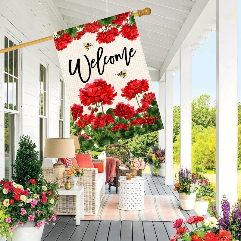 Baccessor Spring Summer Geranium Welcome House Flag Double Sided Summer Bee Red Floral Burlap Yard Flag House Seasonal Farmhouse Outside Outdoor Decoration 28 x 40 Inchï¼ˆlargeï¼‰ - Image 3