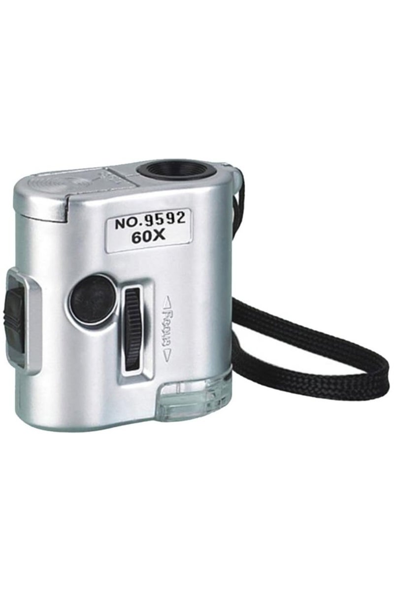 60X Microscope with UV LED Light and Mini Pocket Magnifier Glass Lens with Ring (Color: Silver) - Image 1