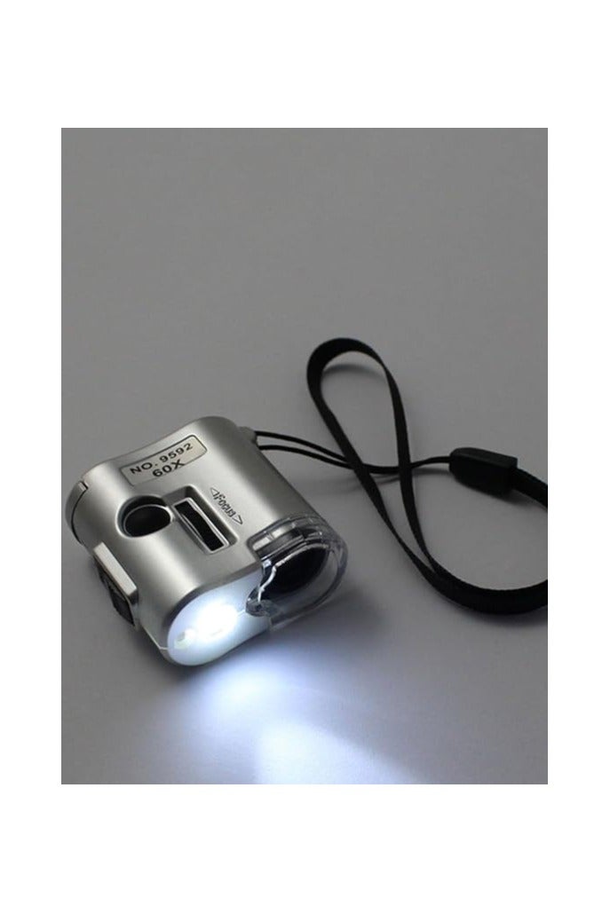 60X Microscope with UV LED Light and Mini Pocket Magnifier Glass Lens with Ring (Color: Silver) - Image 2