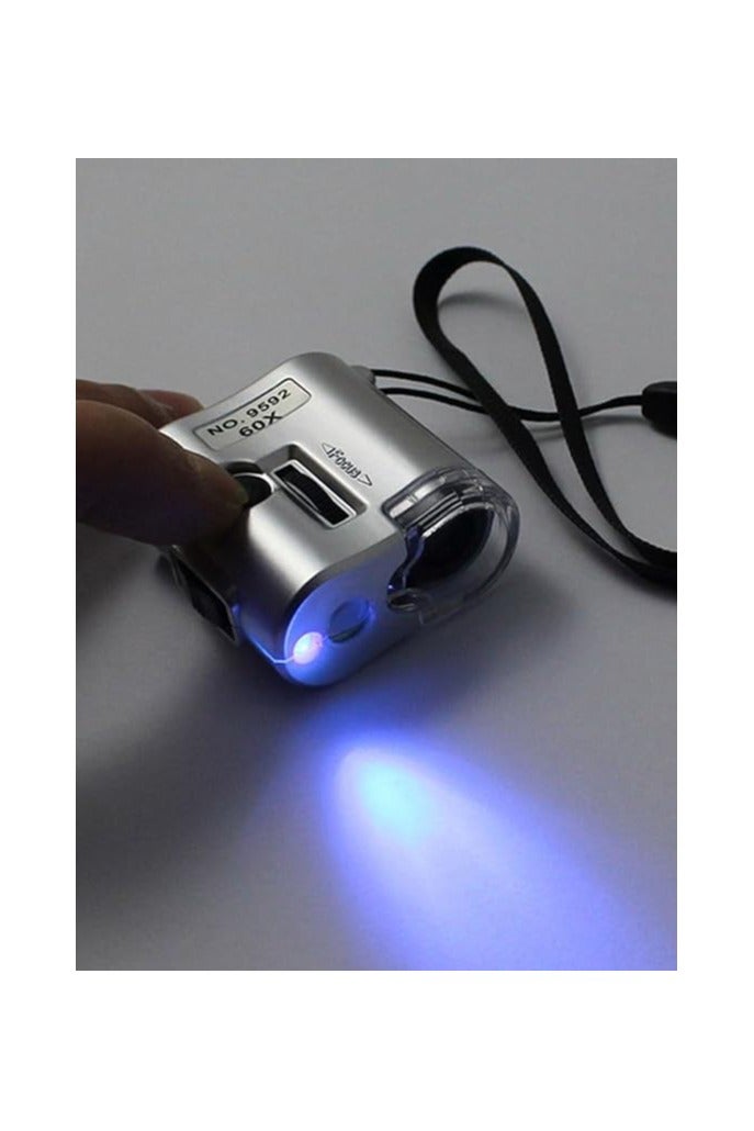 60X Microscope with UV LED Light and Mini Pocket Magnifier Glass Lens with Ring (Color: Silver) - Image 3