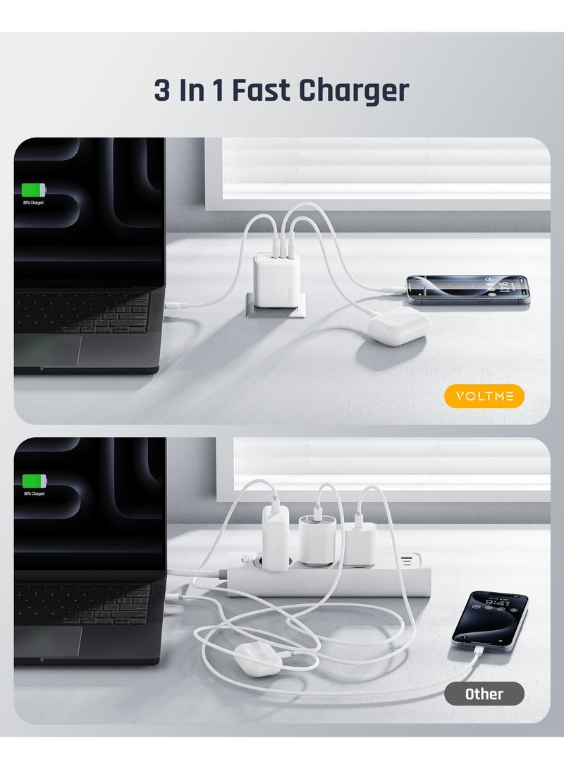 VOLTME 67W 3-Port GaN Fast Type C Charging Block, Compact Foldable Wall Charger, PD Fast Charging Power Adapter for MacBook Pro/Air 13/14 Inch iPhone 17/16/15, Ipad Pro, Galaxy S24, White - Image 4