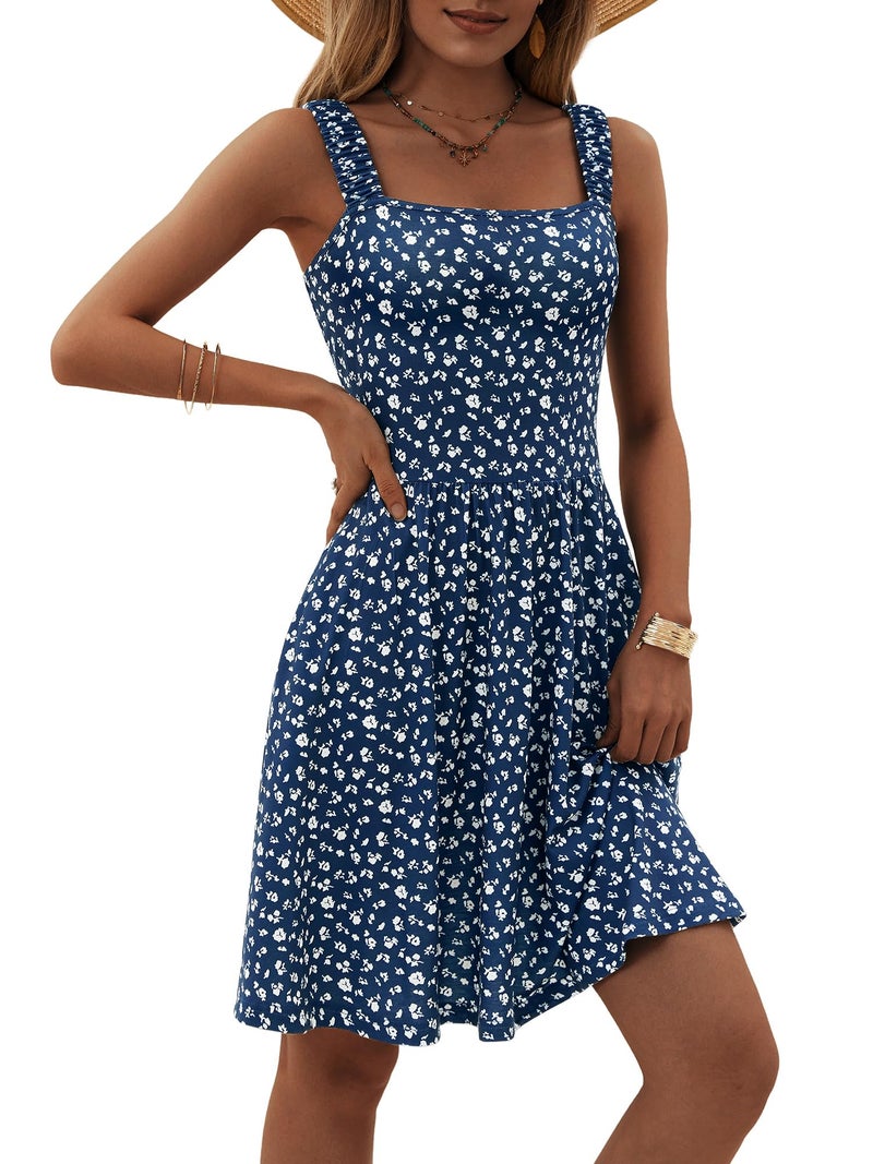 HUHOT Summer Dresses for Women 2025 Cute Vacation Elegant Flowy Casual Floral Camping Navy Blue Church Dress with Pockets - Image 1