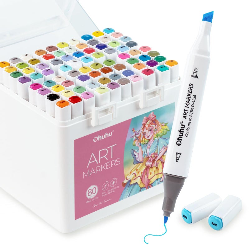 Ohuhu Markers For Starters  80-Color Chisel & Fine Dual Tips Alcohol Markers Coloring Illustration Sketching Alcohol Art Marker Set For Adult Beginner  Great Value Pack For Students' Art Class -Manoa - Image 1
