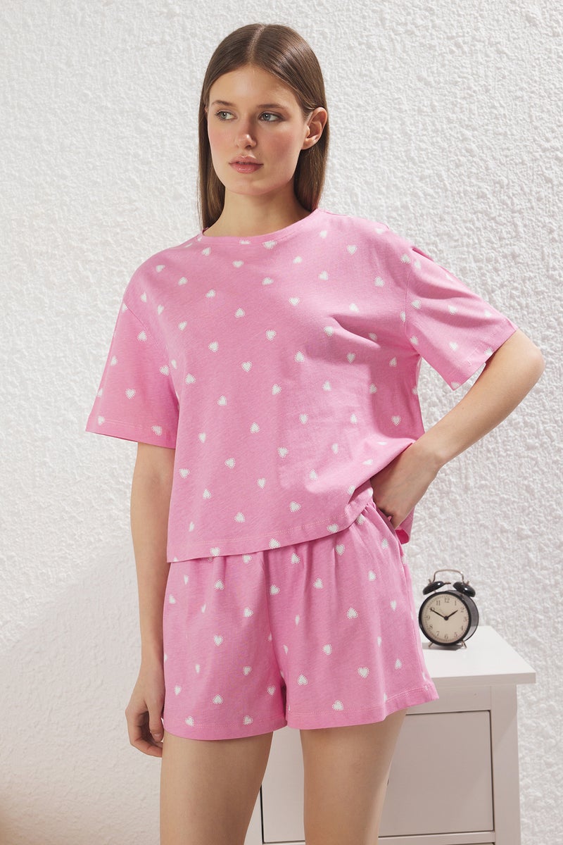 trendyol Pink 100% Cotton Heart Shorts Knitted Pajamas Set - Image 2