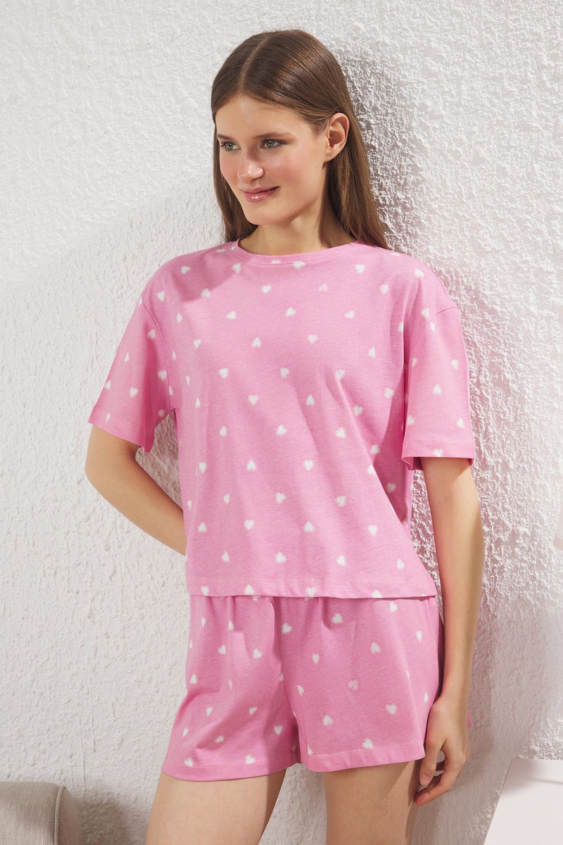 trendyol Pink 100% Cotton Heart Shorts Knitted Pajamas Set - Image 3