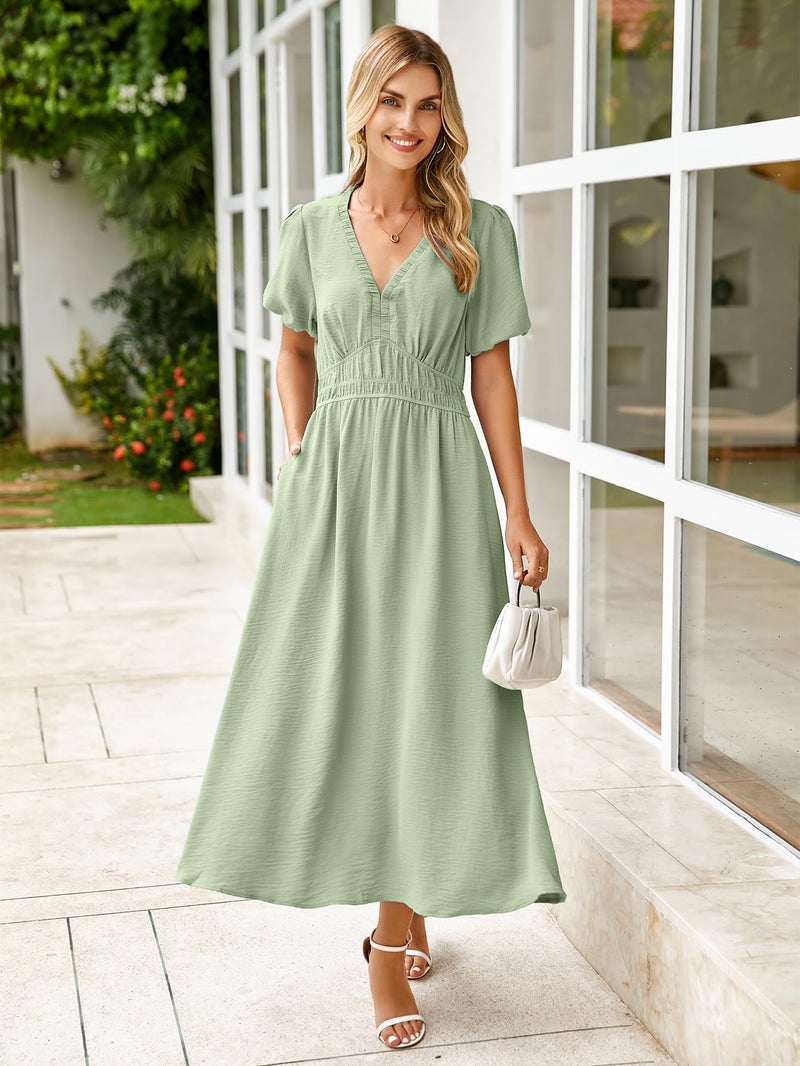 Simplee Apparel Simplee Women's Summer Flowy Midi Dress Casual V Neck Short Sleeve Empire Waist Boho Beach Dress Wedding Guest Maxi Dress Sage Green,S - Image 2
